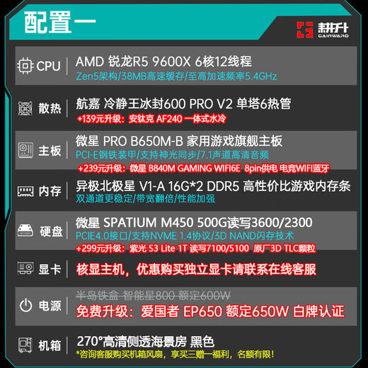 GAINWARD AMD Ryzen 9700x/9600x MSI assembled computer desktop host 5060/5070ti game live editing design desktop DIY sea view room complete machine configuration one R5 9600X no graphics card transition host