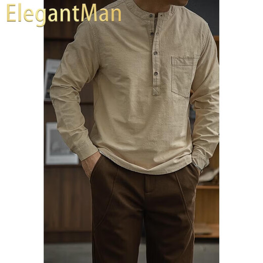 ElegantMan's workwear American retro cotton half-cardigan henley shirt with different color thread pocket shirt loose tough guy style men's winter apricot M