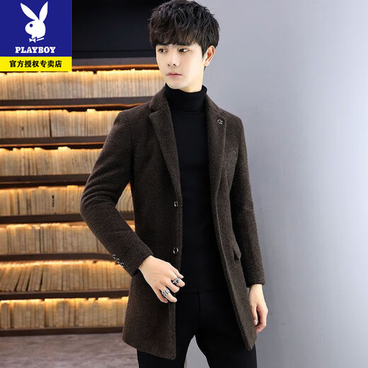 Playboy Woolen Coat Men's Autumn and Winter Korean Slim Windbreaker Men's Mid-Length Cotton and Thickened Mink Woolen Coat Men's Gray Cotton and Thickened XL