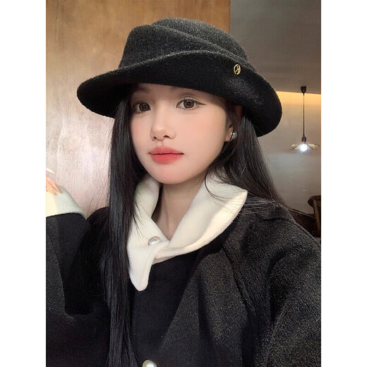 Yunpo Hepburn style hat black top hat female daughter style hat winter retro girls birthday gift box dome curling French daughter style curling black top hat