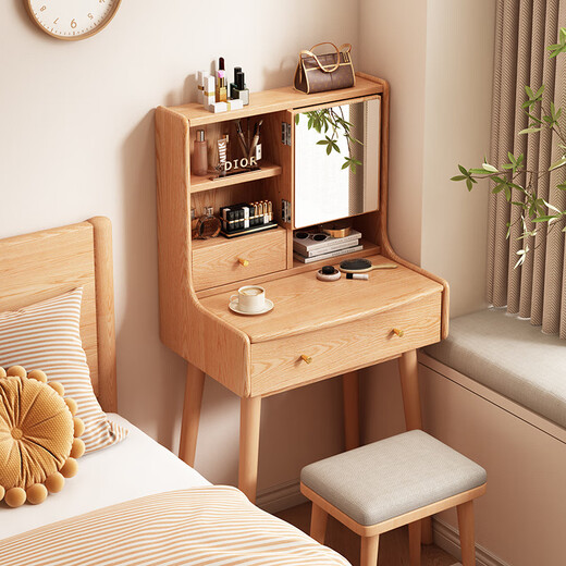 Genji Wood Language Official Direct Sales Solid Wood Dressing Table Complete Dressing Table Modern Simple Bedside Table Small 2-in-1 Dressing Table Pure Solid Wood Wood Color - 80CM Long Dressing Table + Stool The whole installation only requires the installation of feet