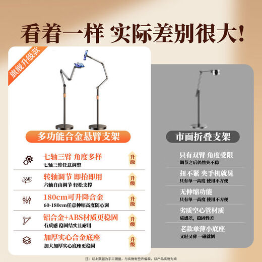 Shuotu 2025 new live broadcast special mobile phone holder floor-standing overhead mobile phone holder with radiator tablet ipad lazy bed 1.7 meters black double-arm model three-axis support + mobile phone clip