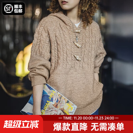 Madden cable hooded sweater women's half-cardigan loose casual pullover hoodie women's autumn and winter outer wear thick sweater beige M (100-120Jin Jin equals 0.5 kg)