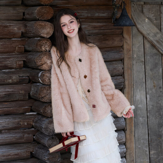 Sancai 2025 winter new eco-friendly fur coat loose short round neck long sleeves warm pink M cinnamon powder M 160/84A