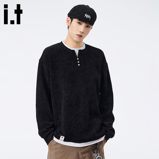 CHOCOOLATE it fake two-piece Henry collar sweatshirt men's 2025 autumn and winter new casual sweater top black M recommended 90Jin Jin equals 0.5kg -110Jin Jin equals 0.5kg