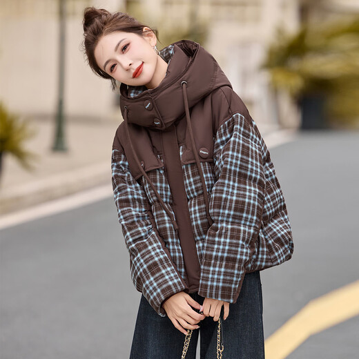 LISM shopping mall same style high-end down jacket design contrasting plaid down jacket women Korean version hooded short bread navy XL recommended 135-145Jin Jin equals 0.5 kg b