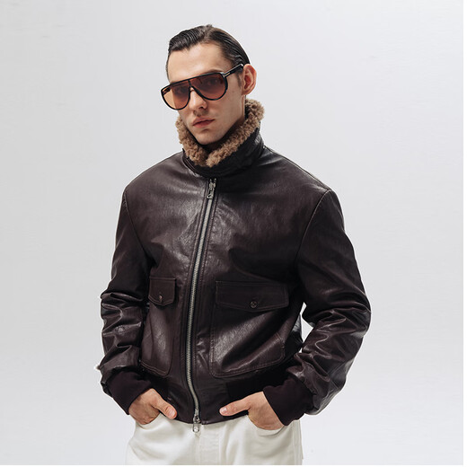 Fur Collar Aviator Leather Jacket Dark Brown One Size Small