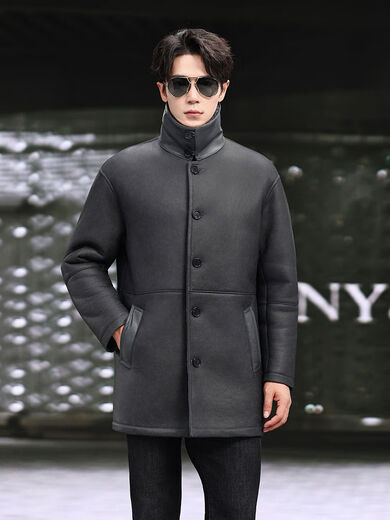 Yiwo Clothing New Original Ecological Fur One-piece Men's Genuine Leather Jacket Mid-Length Windbreaker Lapel Casual Warm Fur Jacket Winter Gray M 165M