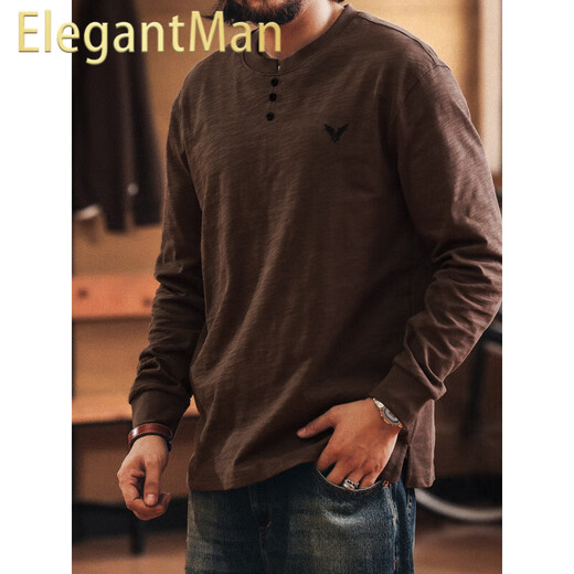 ElegantMan American outdoor mountain bamboo cotton long-sleeved T-shirt men's autumn new tough guy Henry collar bottoming shirt Brown M _Suitable for 110-130Jin Jin equals 0.5 kg