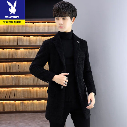 Playboy Woolen Coat Men's Autumn and Winter Korean Slim Windbreaker Men's Mid-Length Cotton and Thickened Mink Woolen Coat Men's Gray Cotton and Thickened XL