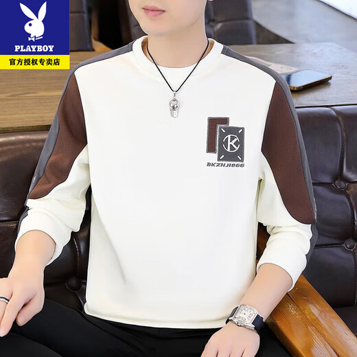 Playboy Spring and Autumn Men's Sweatshirt 2026 New Round Neck Hoodless Embroidered Long Sleeve T-shirt Men's Trendy and Handsome Bottoming Top Spring and Autumn Style-8822 Black High Quality XL Recommended 130-150Jin Jin is equal to 0.5 kg