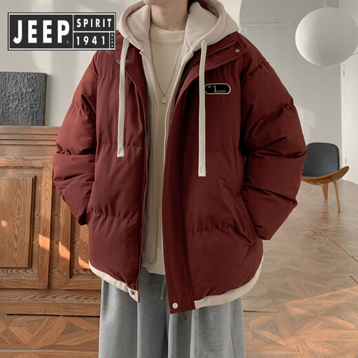 JEEP SPIRIT Jeep fake two-piece cotton coat men's winter loose casual thickened warm cotton coat jacket trendy student hooded cotton apricot XL