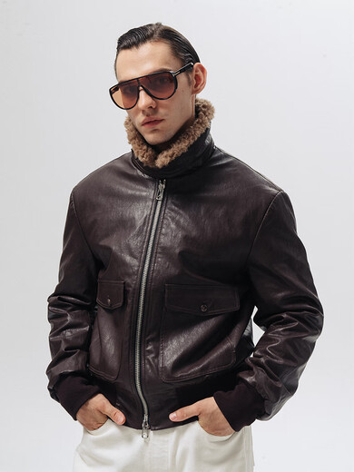 Fur Collar Aviator Leather Jacket Dark Brown One Size Small