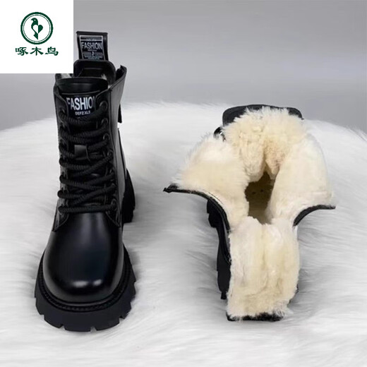 Woodpecker thick-soled Martin boots genuine leather wool boots women's fur integrated new thickened 2025 winter short boots snow boots black thickened cotton imported wool 37