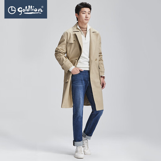 Goldlion Pure Cotton Autumn and Winter Windbreaker Men's Fashion Simple Classic Long Lapel Business Casual Jacket 69 Light Khaki XL 180/96A Recommended 150-165 Jin Jin equals 0.5 kg