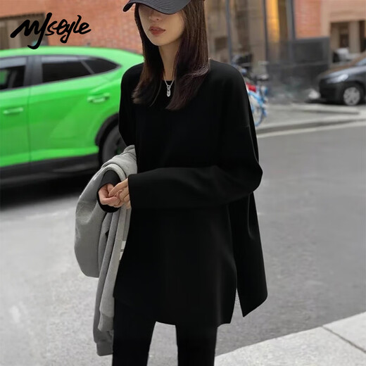 MJ STYLE长袖开衩T恤女2026春秋新款宽松套头纯色打底衫运动风百搭上衣