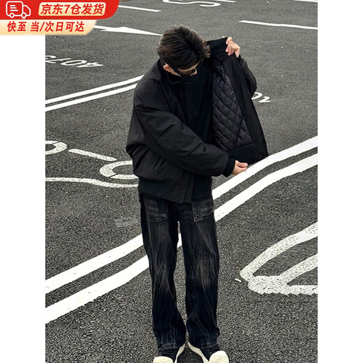 Cotton Snow American Three-Proof Flight Jacket Men's Spring and Autumn Short Work Jacket Piushuai High Street Trendy Brand Baseball Uniform Black XL 170CM-178CM