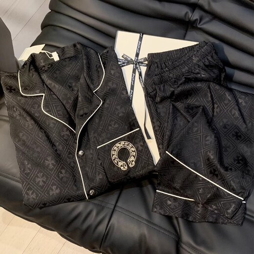 FENTENGG Light Luxury Brand Couple Pajamas Men's 2025 New Silk Thin Men's Home Clothes Black Ice Silk Ke Luo Xin (Long Sleeves and Long Pants) L Men's Style (135 Jin Jin is equal to within 0.5 kg)