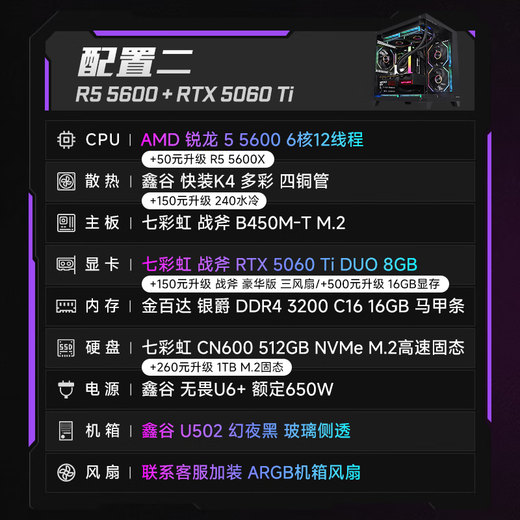 Colorful Ryzen R5 5600/5700X/7500F/9500F/5060/5060Ti assembled computer desktop host DIY e-sports game console sea view room with two 5600+5060ti+16G