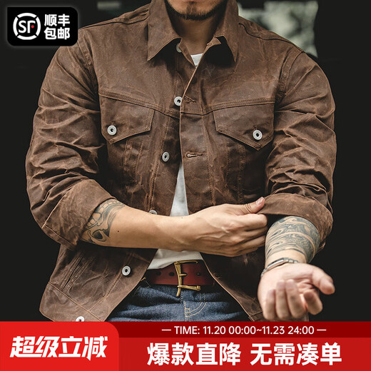Madden Workwear American Retro Heavyweight Canvas Oil Wax Jacket Men's Ami Khaki Slim Fit Top Tough Guy Men's Jacket Autumn Apricot Brown (cannot be washed) Jacket Men's High-end Handsome 2XL