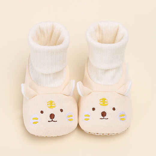 馍彭婴儿冬季鞋秋冬子0-1岁新生儿软底不掉袜男女宝宝学步防滑护脚套 淡卡其小萌虎【春秋款】 内长10.5cm 建议0-3个月