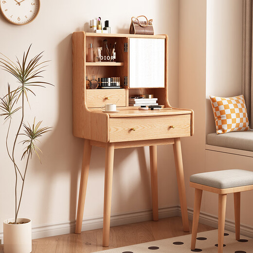Genji Wood Language Official Direct Sales Solid Wood Dressing Table Complete Dressing Table Modern Simple Bedside Table Small 2-in-1 Dressing Table Pure Solid Wood Wood Color - 80CM Long Dressing Table + Stool The whole installation only requires the installation of feet