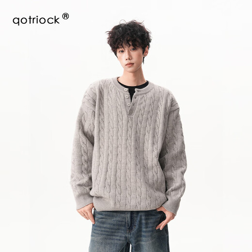 Sensational cable Henry collar sweater for men and women, autumn lazy style knitted sweater, light gray M