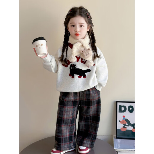 NACJOM Girls' Velvet Sweater Set Autumn and Winter 2025 New Style Baby Girl Winter Clothes Giant Good-looking Plaid Two-piece Set Red Plaid 110 cm