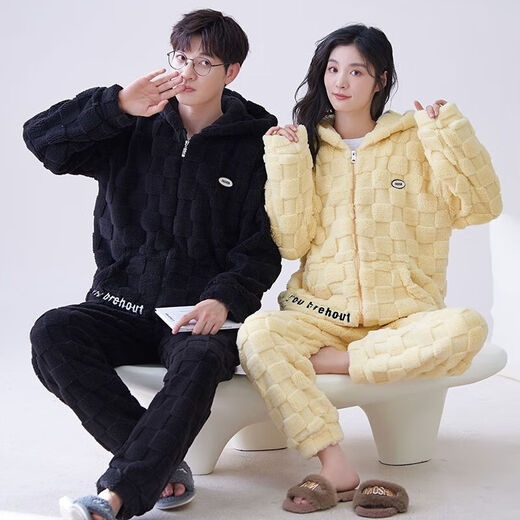 Victoria's style new autumn and winter thickened flannel couple pajamas for one man and one woman for women warm coral velvet home wear set 152 couple M female + male L
