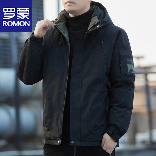 ROMON cotton-padded jacket for men in autumn and winter, windproof and cold-proof hooded top, outdoor casual warm jacket, black XL