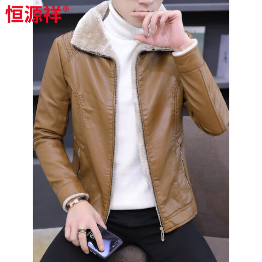 Hengyuanxiang velvet thickened men's slim motorcycle leather jacket winter youth handsome fashion short casual leather jacket jacket for men black gray fur M