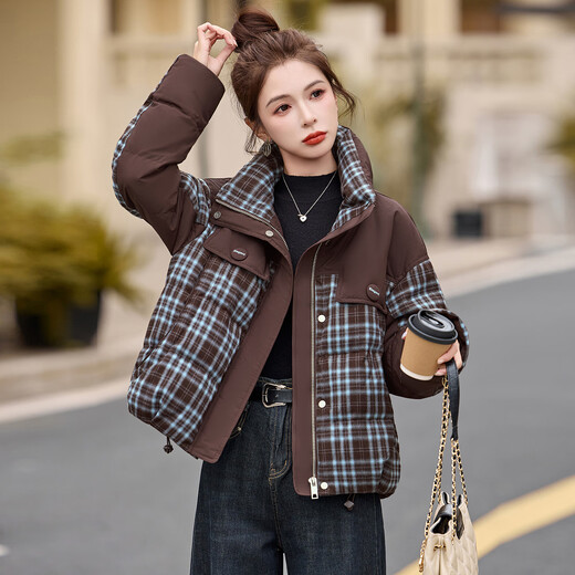 LISM shopping mall same style high-end down jacket design contrasting plaid down jacket women Korean version hooded short bread navy XL recommended 135-145Jin Jin equals 0.5 kg b