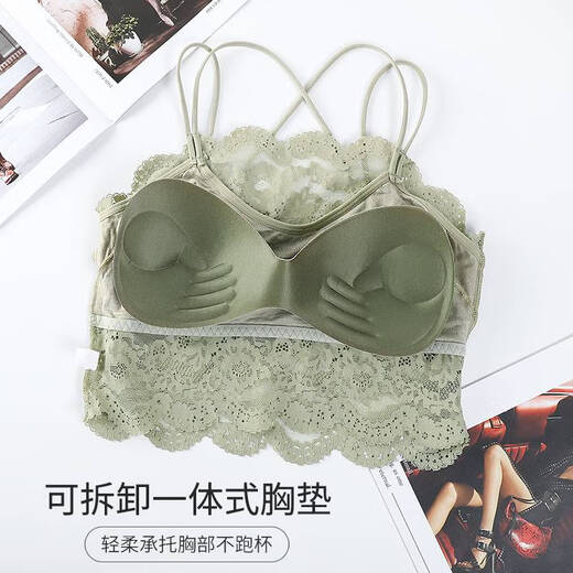 Clolv kiss CK girl's cross strap lace beautiful back tube top underwear without wire rings to push up beautiful breasts and prevent sagging, brown + fruit green two-piece set M 80-105Jin Jin equals 0.5 kg