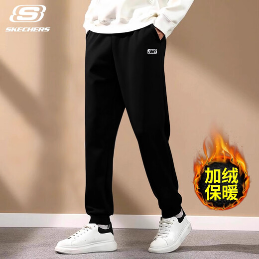 Skechers sweatpants men's velvet pants 2025 winter new fitness running trousers loose black casual warm sweatpants M154-0018 carbon black velvet S/165