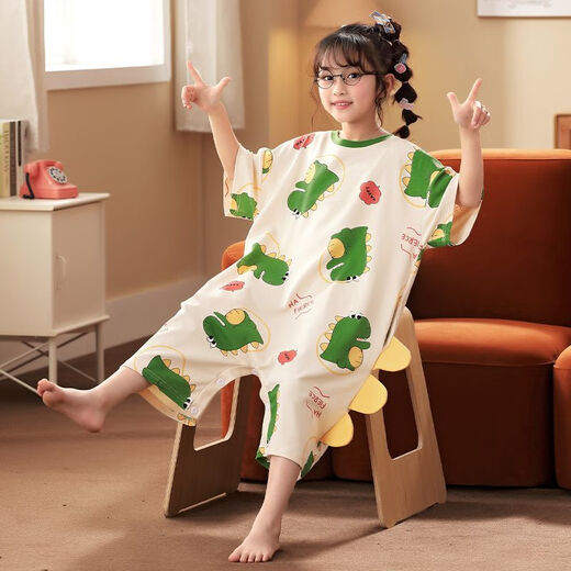 Girls one-piece pajamas summer thin pure cotton short-sleeved snap sleeping bag children baby little girl air-conditioned home clothes M02 one-piece cotton one-piece suit recommended by the store manager 90 size 8 height 90-103cm