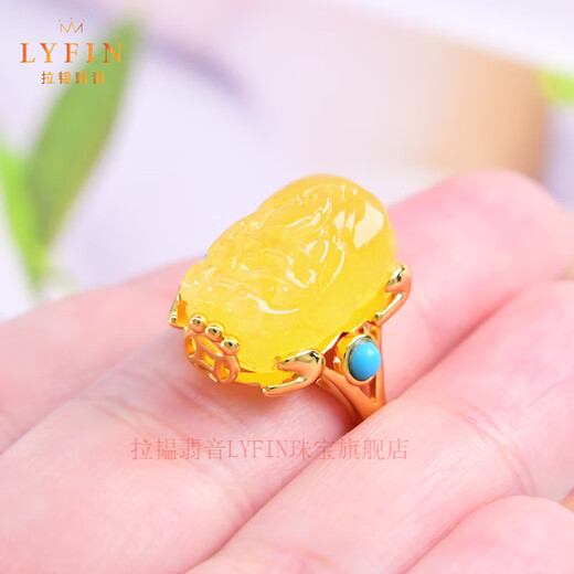 La Yun Feiyin Beeswax Pixiu Ring Chicken Fat Yellow Amber Bracelet S925 Sterling Silver Gold-plated Ring Live Adjustable Gift Beeswax Pixiu Ring