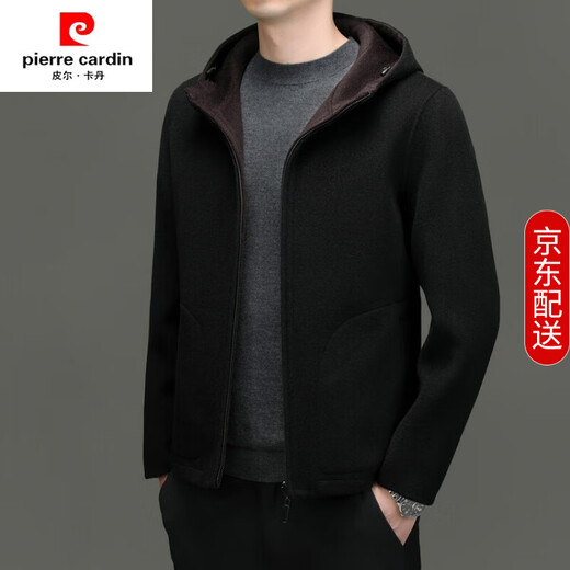 Pierre Cardin short woolen coat men's light luxury 100% pure wool double-sided hooded woolen coat casual jacket high-end black ten red coffee M