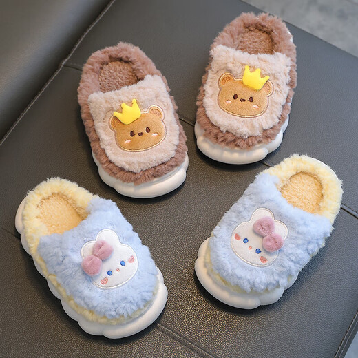 Winter children's cotton slippers for boys and girls, warm and non-slip plus velvet parent-child bag with heel for small and medium-sized children, plush cotton slippers, upgraded gray bear slippers, size 12 38/39 (suitable for 37/38 feet)