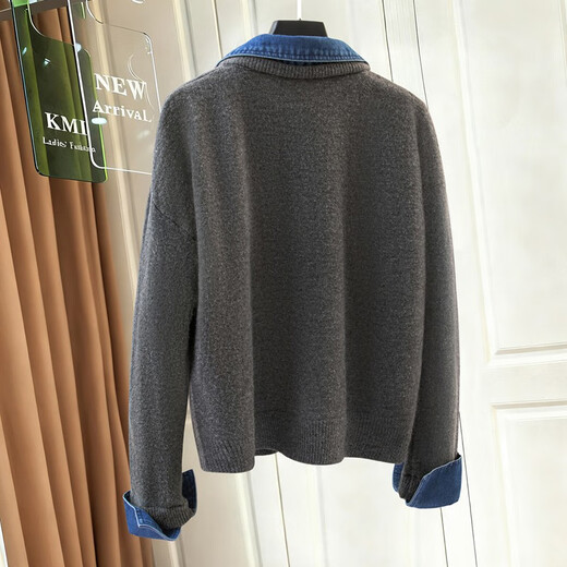 Cypress lapel splicing fake two-piece sweater for women 2025 autumn and winter new fashion loose long-sleeved pullover top