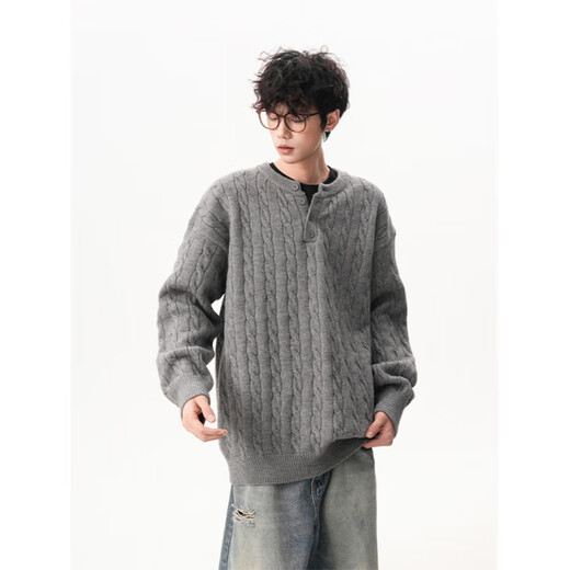 Sensational cable Henry collar sweater for men and women, autumn lazy style knitted sweater, light gray M