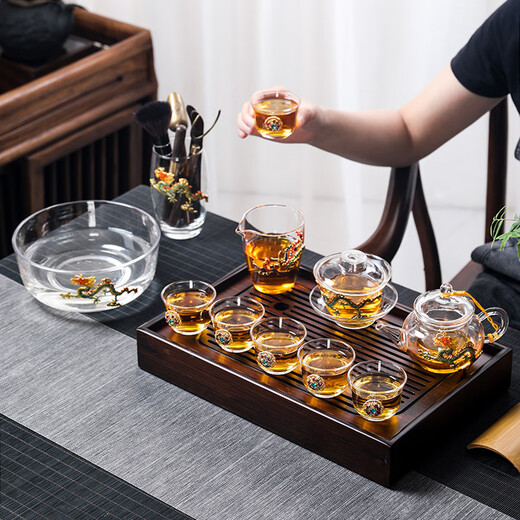 Ai Yingjia Light Luxury Glazed Tea Set High-end Gold-Inlaid Jade Porcelain Kung Fu Tea Ceremony Complete Set Glass Tea Bowl Tea Cup Set 8-head Xianglong Ancient Rhyme Pot Set-Silver