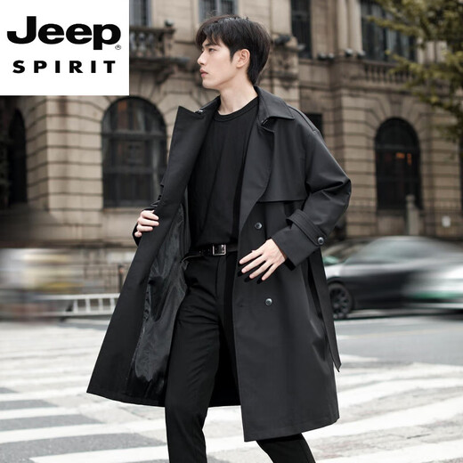 JEEP SPIRIT2025 new style windbreaker men's mid-length over the knee spring and autumn men's coat double-breasted Cthulhu civilian coat trendy black M