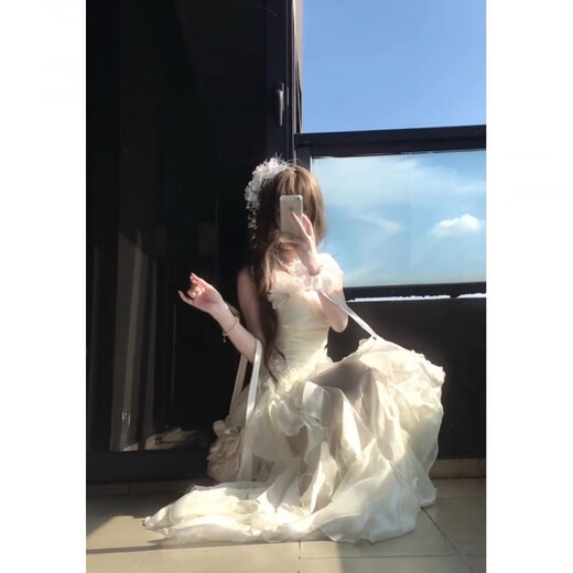 Mei Anjia White Lace Suspender Ruffled Pure Sexy A-Line Skirt Autumn Dress Embroidered Slim Waist Birthday Dress Dress S