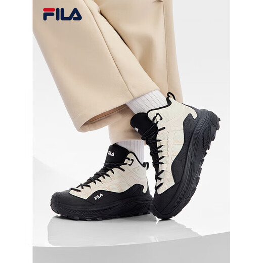 FILA autumn and winter women's shoes mid-cut plus velvet dad shoes sneakers 2025 winter new style baby's breath 2 casual shoes asparagus white/black-WB 35.5