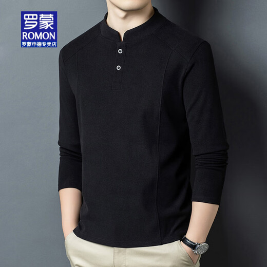 ROMON brand autumn and winter double-sided German velvet bottoming shirt men's Henry collar trendy versatile long-sleeved T-shirt stand-up collar sweatshirt for men white L