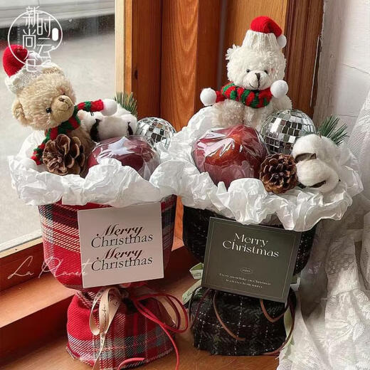 Cute Blush Bear Doll Christmas Gift Flower Arrangement Christmas Tree Strawberry Bouquet Accessories Christmas Eve Decoration Brown Bear-Red and White Scarf 1