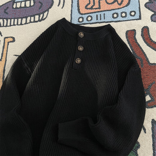 Xiaohongshu's popular cleanfit henley collar sweater for men, autumn and winter style lazy style sweater, American style cover, black, M, one size fits all