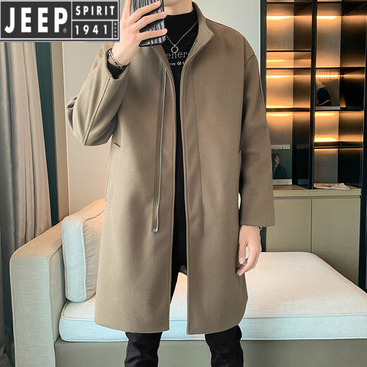 JEEP SPIRIT Spring and Autumn Zipper Design Stand Collar Woolen Windbreaker Men's Mid-Length Thick Casual Woolen Coat Jacket Trendy Coffee and Cotton 2XL