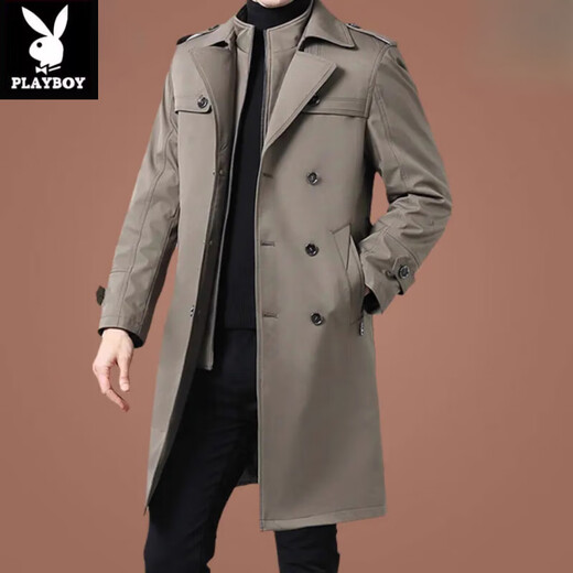 Playboy (PLAYBOY) fashion brand autumn and winter mid-length windbreaker for middle-aged and elderly men thickened removable wool liner business jacket trendy khaki long XL 180 size 145-165Jin Jin is equal to 0.5 kg