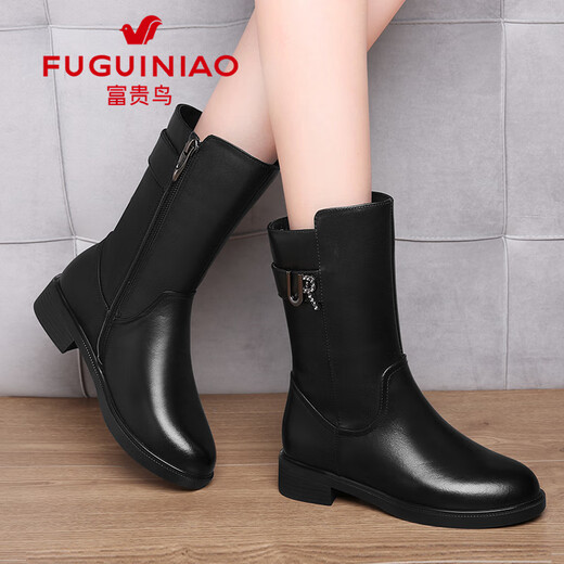 Fuguiniao boots women's mid-calf boots genuine leather Martin boots autumn and winter plus fleece warm short boots plus fleece 37